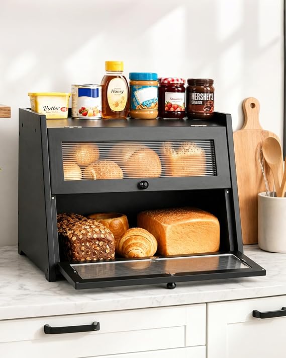 Bread Box for Kitchen Countertop,Double Layer Bread Storage,Black