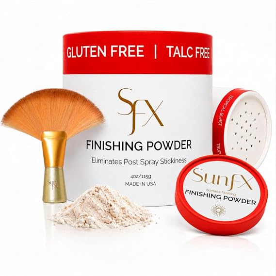 SunFX Post Spray Tan Translucent Finishing Powder | Talc Free | Sunless Tanning Powder with Large professional Fan Brush | Tropical Burst