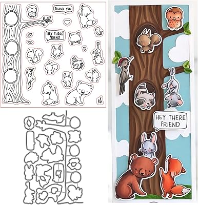 Trees and Forest Animals Stamps and Dies Set for Card Making,Clear Stamps and Metal Cutting Dies Sets for Scrapbooking DIY Album Card Making Supplies