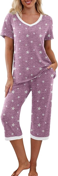PrinStory Womens Pajama Sets Capri Pjs Soft Lounge Sets S-4XL