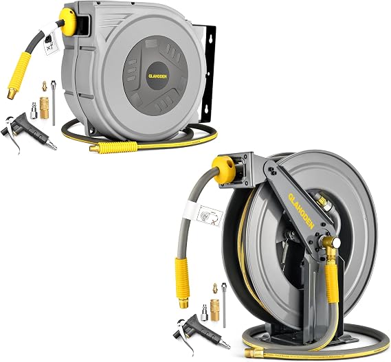 GLAHODEN 3/8 in x 50 Ft Enclosed Retractable Air Hose Reel & 3/8 in 65 ft Double Arm Retractable Air Hose Reel