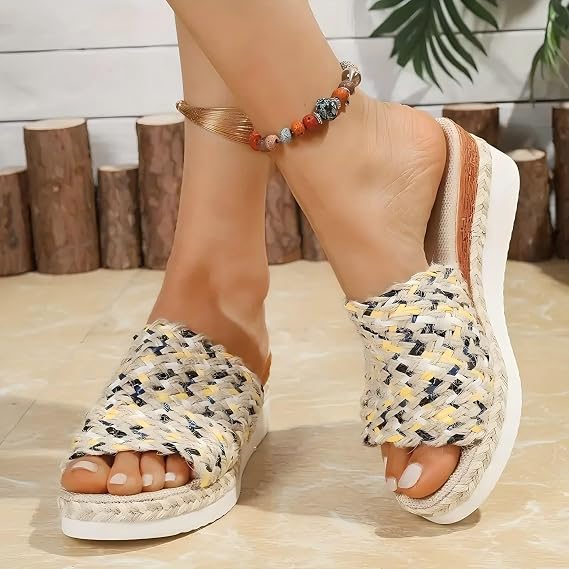 Wedge Sandals for Women,2025 New Women's Orthopedic Wedge Sandals,Multicolor Platform Espadrille Sandals,Woven High Heels Open Toe Espadrilles Wedges Boho Casual Comfortable Slip on Slide Sandals