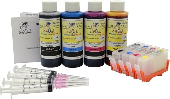 InkOwl Refillable Cartridge Replacement for HP 564, 564XL (4 Color) + 4x120mL USA-Made Fade Resistant Ink