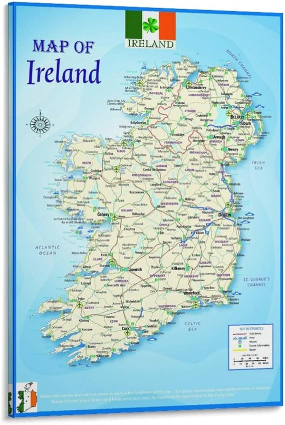 TDX Ireland Map A2 Laminated Geographical Physical Political Atlas Wall Canvas Art Poster and Wall Art Picture Print Modern Family Bedroom Decor Posters 08x12inch(20x30cm)
