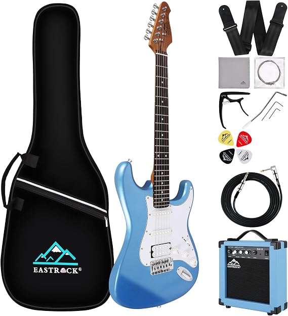 EASTROCK 39 inch Full-Size Electric Guitar Kit for Beginner Starter with 10w Amp, Bag, Capo, Shoulder Strap, String, Cable, Picks. (39" Right Handed, Haze blue)