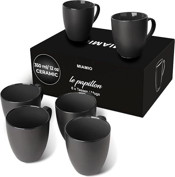 MIAMIO - Coffee Mugs Set of 6 (12 oz) - Le Papillon Collection (Black)