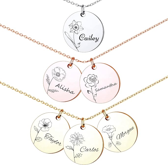 Anavia 1/2/3/4 Disc Birthday Month Flower Name Necklace, Personalized Birthmonth Floral Coin Necklace, 24 Flower Options Customized Gold Plated Birthday Gift Jewelry for Mother New Mom Friends Family