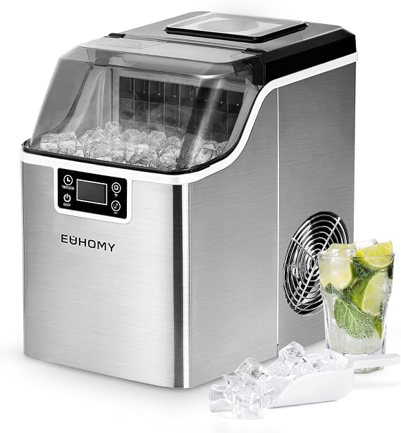 EUHOMY Stainless Steel Ice Cube Machine 24 Ice Cubes in 13 Minutes 24 kg/24 Hour Ice Cube Machine Gastro Self-Cleaning 3.2 Litres with Ice Scoop and Basket for Home / Kitchen / Office / Bar / RV