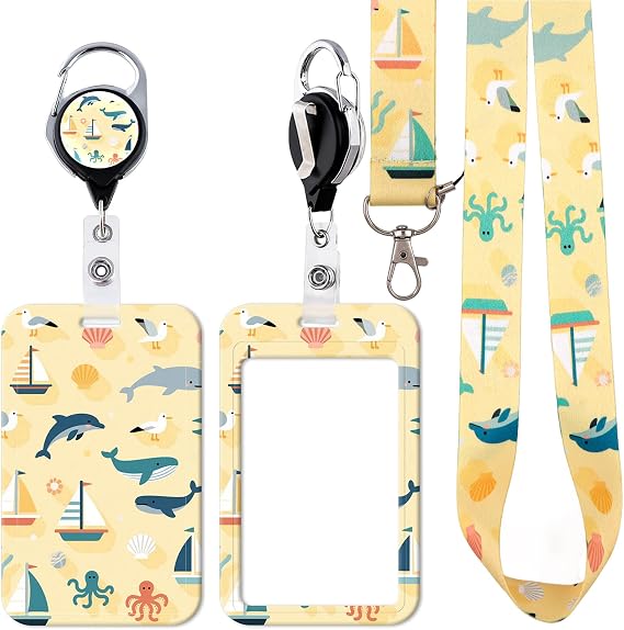 Ocean Theme Lanyards for ID Badges Set, Marine Animal Pattern ID Card Holder with Retractable Reel (Dolphin, Whale, Octopus), Cute Plastic Name Tag Protector for Kids, Girls, Teachers, Office