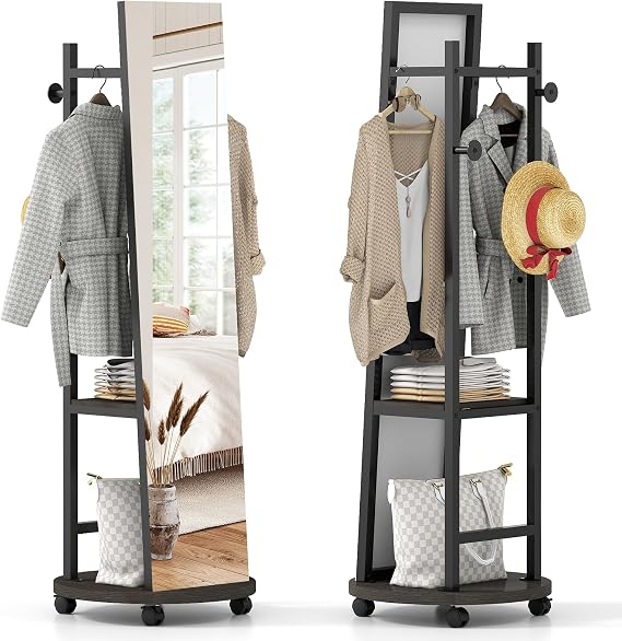 Tangkula 55" Full Length Mirror with Coat Rack, Standing Coat Tree