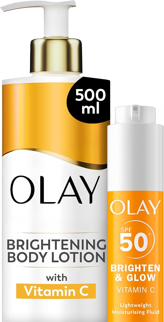 Bundle of Olay Vitamin C Brightening Body Lotion, 24HR Moisturising Cream For Full Body Skin Care, Evens Skin Tone, With Vitamin C, Vitamin B5 B3, Glycerin, 500ml + Olay Vitamin C SPF50 Fluid 50ml