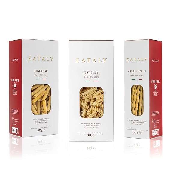 Eataly Ridged Favorites Pasta Bundle Pack- Antichi Fusilli, Tortiglioni & Penne Rigate, 3-500g (17 oz.) Boxes- 1 Each