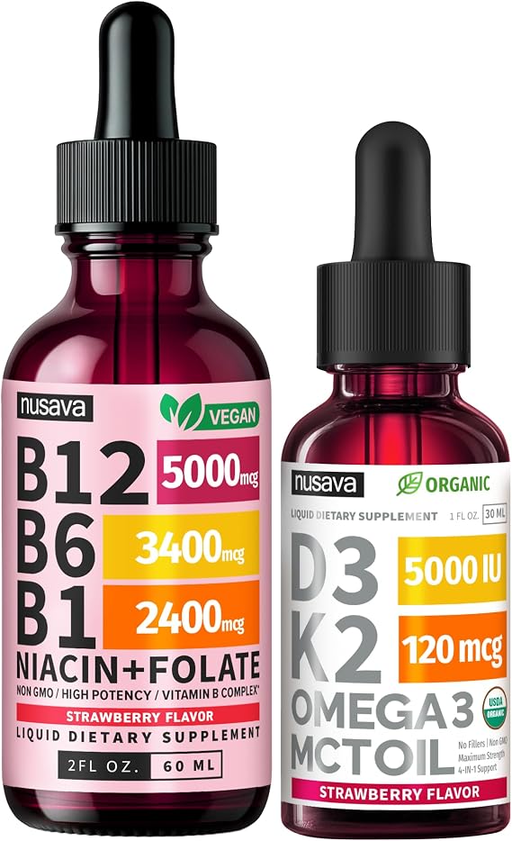 (2-Pack) Vitamin B12 and B6 Methylcobalamin Liquid Drops (Strawberry) with (2-Pack) Vitamin D3 K2 Drops Bundle, B12 5000 mcg Sublingual, D3 5000 IU with MCT Oil and Omega 3 (Strawberry) 2 Fl Oz