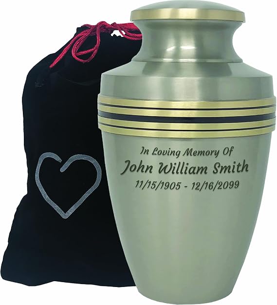 Custom Engraved Momentful Life Metal Adult Cremation Urn - Revere Pewter Cremation Urn - Modern Accents - Silver