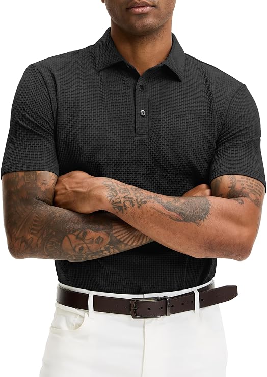 JEMLDL Men's Jacquard Polo Shirt Moisture Wicking Quick-Dry Short Sleeve Performance Dry Fit Golf Polo Shirt