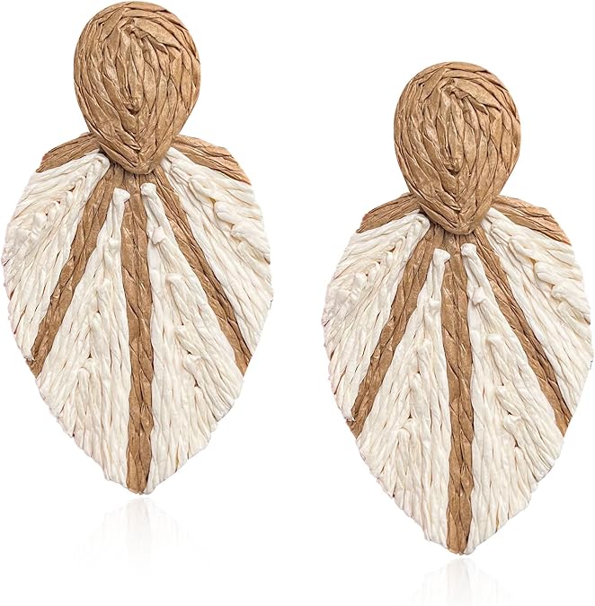 Raffia Long Leaf Earrings Colorful Handmade Rattan Leaf Drop Dangle Earrings Summer Tropical Beach Jewelry