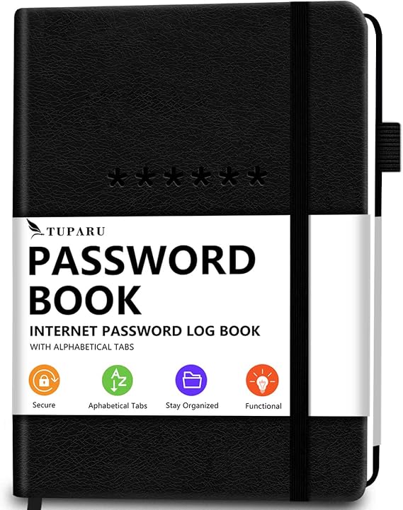 Password Book with Alphabetical Tabs Hardcover Internet Address & Password Organizer Password Keeper Notebook for Computer & Website 7 x 10" Log-in Password Journal w/Thick Paper (Black)
