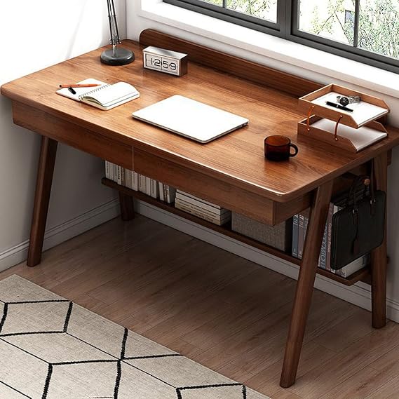 Desk Home Office Workstation Computer Desk Mid-Century Modern Walnut Desk with 2 Drawers and Shelves (47 Inch, Walnut)