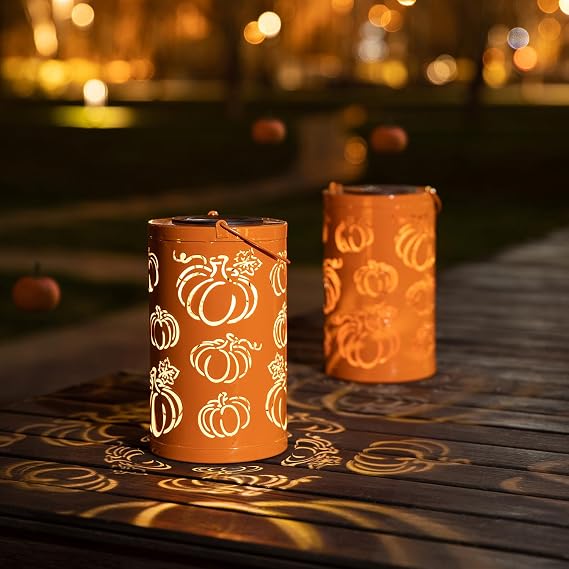 Glitzhome 10.75" H Fall Metal Pumpkin Lantern Decor Solar Powered LED Lantern Autumn Harvest Decorative Lanterns Thanksgiving Hanging or Standing Porch Decor Halloween Table Indoor Outdoor Decor
