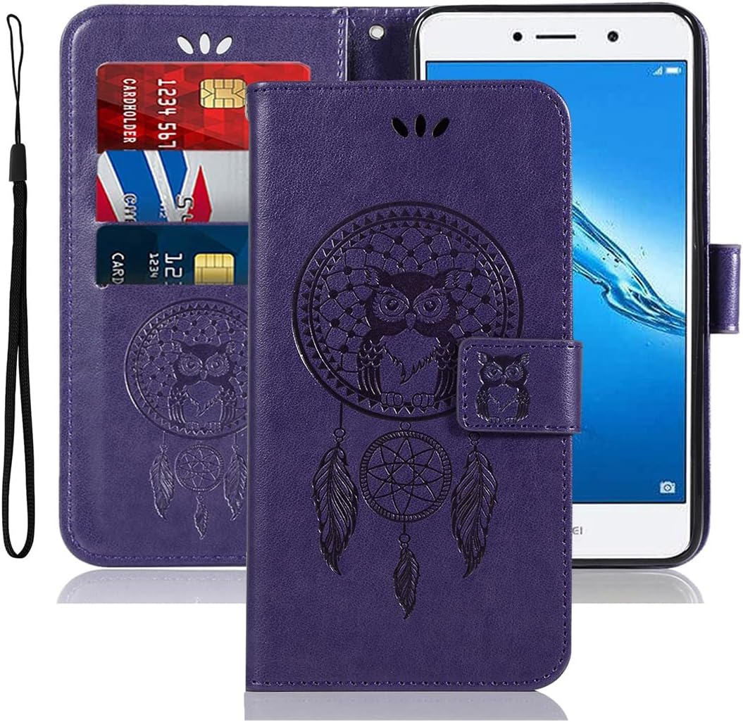 sidande Case for Y7 2017Y7 Prime 2017Enjoy 7 Plus Wallet Case with Card Holder, [Wrist Strap] Owl Premium PU Leather Flip Phone Case Cover for Huawei Y7 Prime 2017 Purple