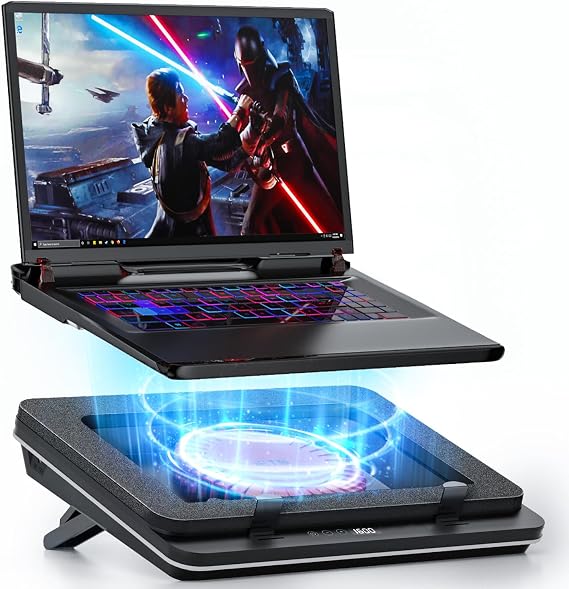 IETS GT600 Laptop Cooling Pad with Giant Turbo Fan 5.5 inch diameter Sealed Foam for Rapid Cooling Gaming Laptop, 14.1-19.3 inch Laptop Cooler with Adjustable Bracket, Dust Filter, Touch Start