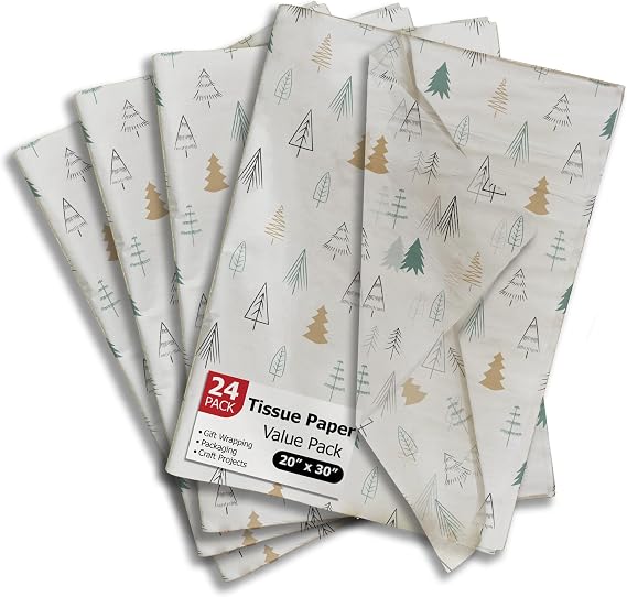 Pro Supply Global Christmas Fir Tree Printed Tissue Paper for Gift Bags or Boxes and Wrapping - Winter Holiday Bulk Decorative Art Tissue Paper for Packaging and Gifting | 24 Sheets 20" x 30"