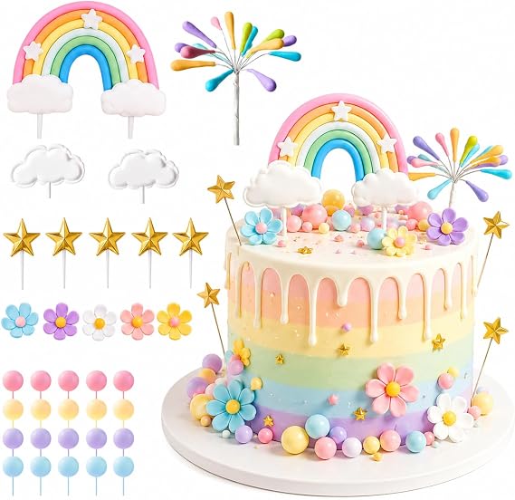 34Pcs Pastel Rainbow Cake Topper with Daisy Flowers, Clouds & Stars