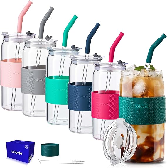 ColoVie Glass Cups with Lids and Straws, Iced Coffee Cup, Drinking Glasses