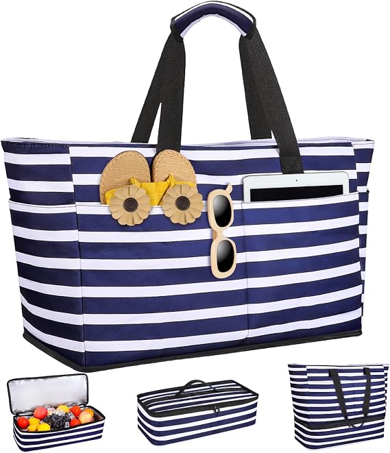 ISEYOU Beach Bag with Cooler, 49L Large Waterproof Sandproof Tote with Zipper, Foldable Travel Bag for Beach, Pool, Picnic