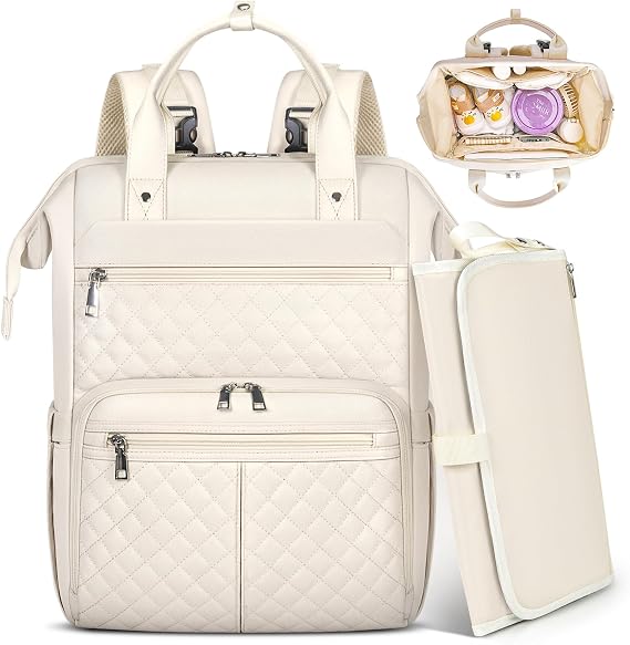 RAINSMORE Baby Changing Bag Backpack Multifunction Nappy Bag with Portable Changing Mat Baby Diaper Bags Large Travel Pram Bag for Mom & Dad-White