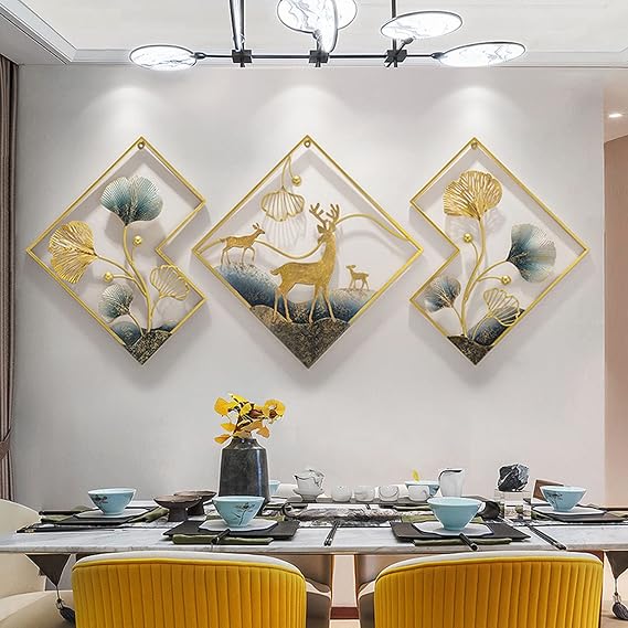 Metal Wall Art Living Room Large Gold Ginkgo Leaf Wall Decor 3 Pack 78x27in | Modern Metal Home Decor Aesthetic Wall Sculptures for Entry Way Bedroom Office Room Decor Dining Room