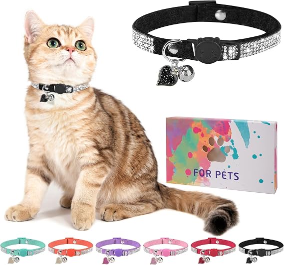 Diamante Crystal Cat Collar with Bell, Safety Quick-Release Buckle Collar for Girls, Boys, Small Kitten, Puppy - Cute and Soft Collar for Female Cat,