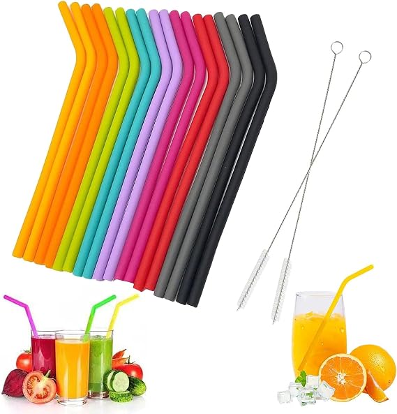 20Pcs Silicone Straws Reusable Set - 18 Flexible Drinking Straws + 2 Cleaning Brushes, Colorful Bend Drinking Straws, Regular Size for Adults Kids, Cocktails & Cold Drinks (Assorted Colors)