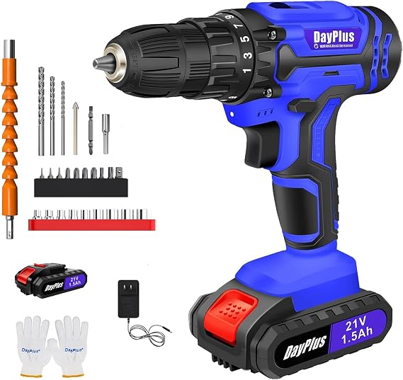 Cordless Drill with LED, 21V Electric Power Drill with Battery and Charger, 25+1 Torque Setting, Torque 45N, 3/8-Inch Keyless Chuck, Variable Speed, Driver Bits Kit (Blue)