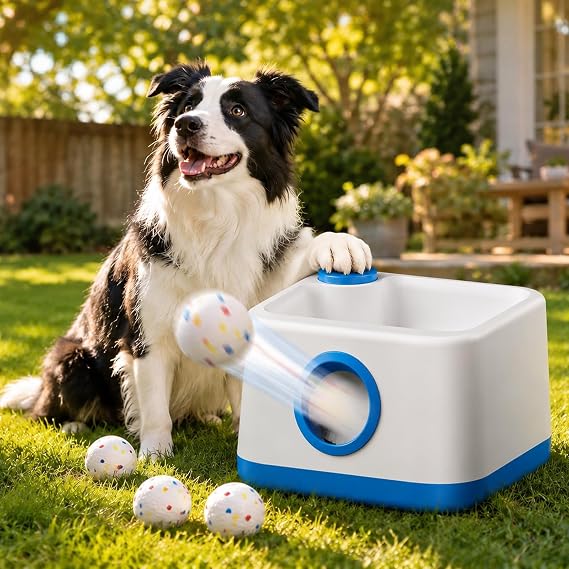 Automatic Dog Ball Launcher — Features Manual and Automatic Modes Sound Function and 3 Launch Distance Settings Ball Thrower Dog with 4PCS 2.3in/58mm E-TPU Balls.