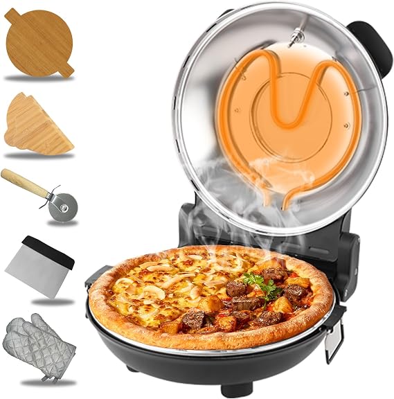 Pizza Oven Indoor, 12 Inch Retro Pizza Maker, Rapid Heating 800 F, 1200W Glazed Ceramic Stone Electric Pizza Cooker, Two-button Precise Temperature Control, Viewing Window for Precise Cooking