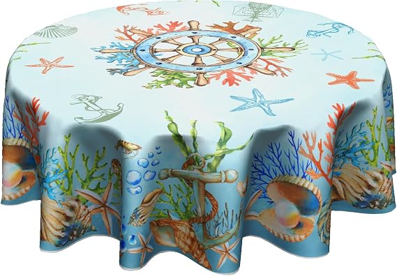 Giwawa Coastal Coral Tablecloth Round 60 Inch Nautical Anchor Circle Washable Seasonal Table Cover for Picnic Kitchen Dining Indoor Outdoor Decor