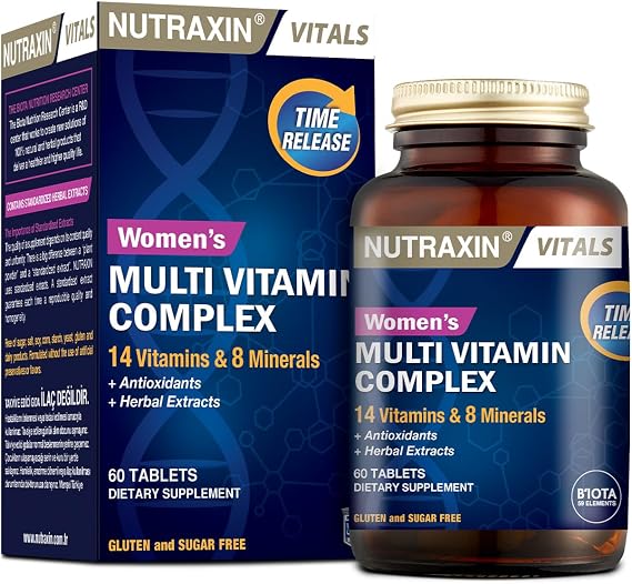 Nutraxin Multivitamin Complex Kadın – 14 Vitamin, 8 Mineral ve Bitkisel Ekstre İçeren Kadınlara Özel Takviye – 60 Tablet – Vegan