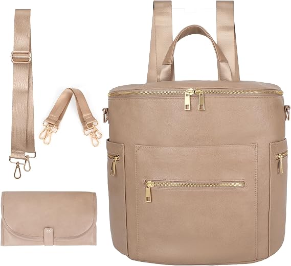 Diaper bag, Leather Diaper Bag Backpack by MF Store, Diaper Backpack with Laptop Sleeve,Changing Pad,Wipes Pouch,Stroller Straps and Insulated Pockets | Baby Diaper Backpack Bag panaleras para bebe with Laptop Sleeve,Changing Pad,Stroller Straps,Insulated Pockets (Camel)