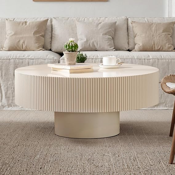 WXFKLDJ Round Drum Coffee Table 30.7'' Off White Fluted Coffee Table