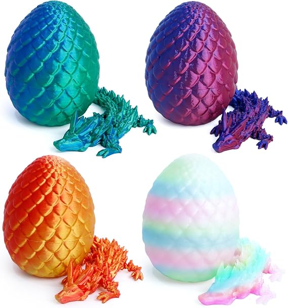 4 Pack 3D Printed Dragon Egg Small, Easter Eggs with Dragon Inside, Articulated Crystal Dragon Fidget Toy, Easter Basket Stuffers(Blue+red+Green+Glow)