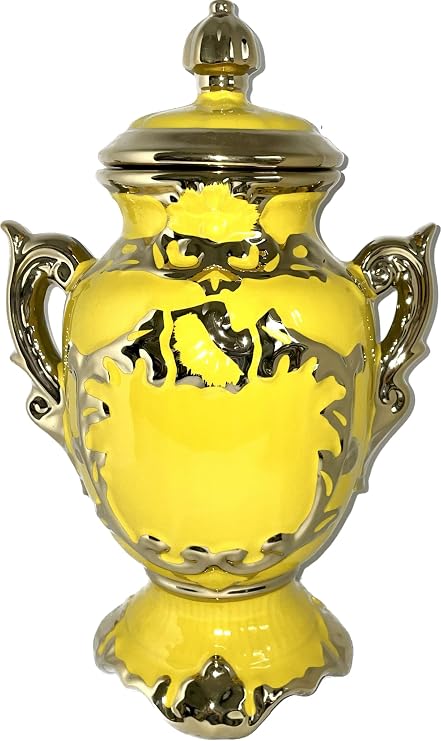 Sopera de porcelana para Ochun amarilla con acentos dorados en forma de trofeo con capacidad de 4 litros