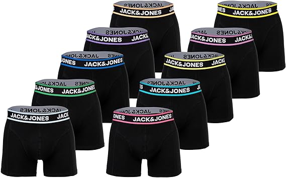 JACK & JONES Men's Boxer Shorts Pack of 10 - Comfortable Cotton Stretch Trunks with Logo Waistband, Jaclimes Solid Black M, black, Medium, Black, Medium