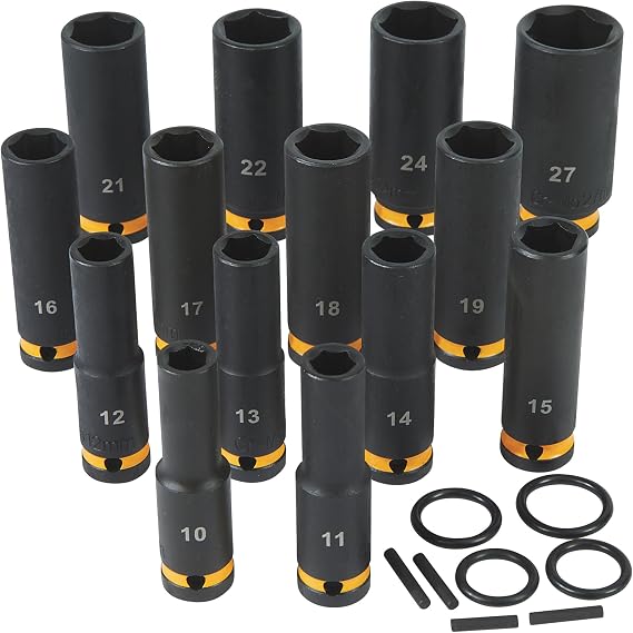 Klutch 1/2in.-Drive Deep Impact Socket Set, Metric, Chrome Molybdenum, 14 Pcs.