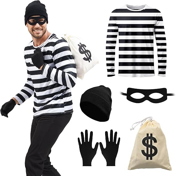 Men Robber Costume, Thief Cosplay T Shirt, Burglar Costume Set