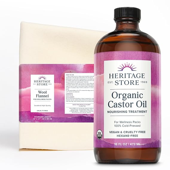 HERITAGE STORE Organic Castor Oil Pack Wrap Kit - Soothing Packs, Heat Compress for Abdomen, Joints - 16oz Organic Oil & 12 x 27 in. Wool Flannel Cloth