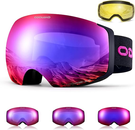 Odoland Photochromic Ski Goggles Interchangeable with 2 Lens, Large Spherical Frameless Snow Snowboard Goggles for Men Women