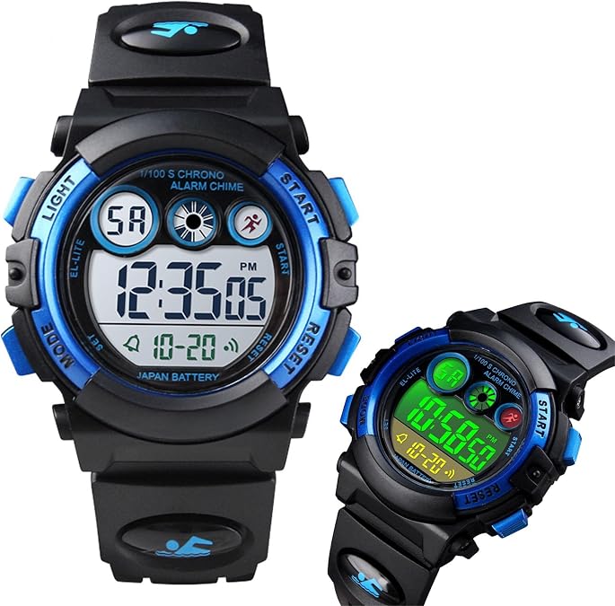 Kids Digital Sports Watch, Waterproof Outdoor Electronic Watch with Alarm, Stopwatch, Backlight, 12 and 24 Hour Time, Adjustable Strap for Boys and Girls