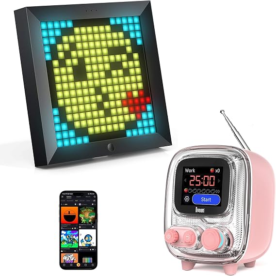 Divoom Tiivoo-2 Pink Pixel Art Mini TV Retro Bluetooth Speaker with FM Radio Pixoo - Pixel Art Digital Picture Frame with 16x16 LED Display APP Control - Cool Animation Frame Wall