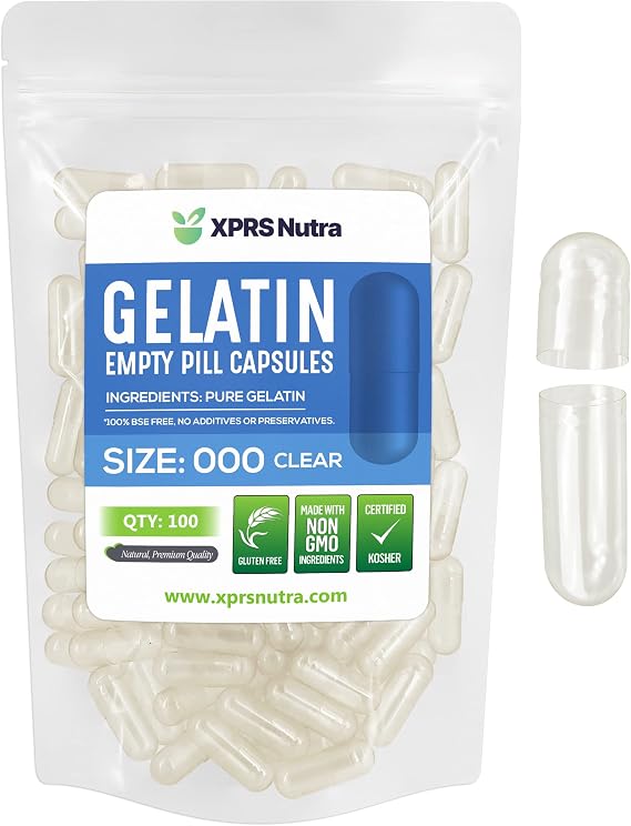 XPRS Nutra Size 000 Empty Capsules - 100 Count Large Clear Empty Gelatin Capsules - Pills for DIY Supplement Capsule Filling - Fillable Color Gel Caps Pills for Do-It-Yourself Supplements